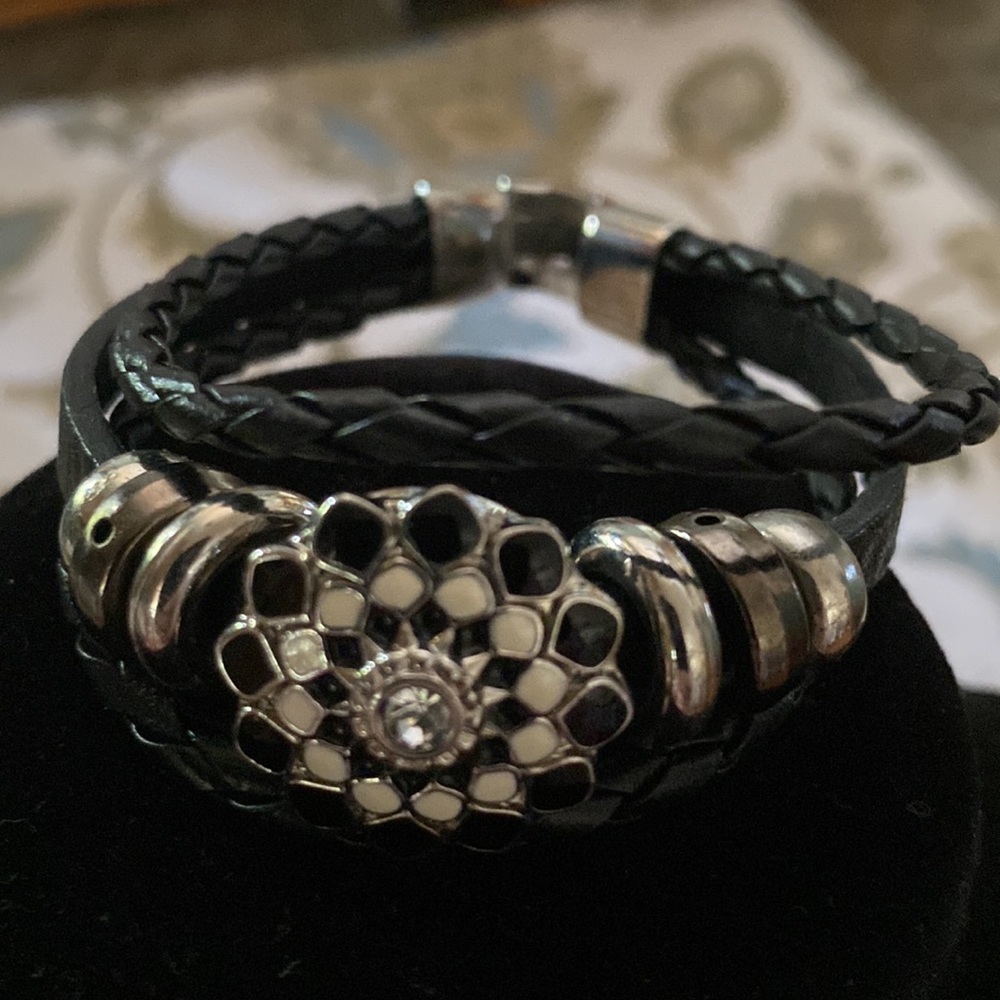 Black Braided Leather Bracelet with 4 snap-on charms